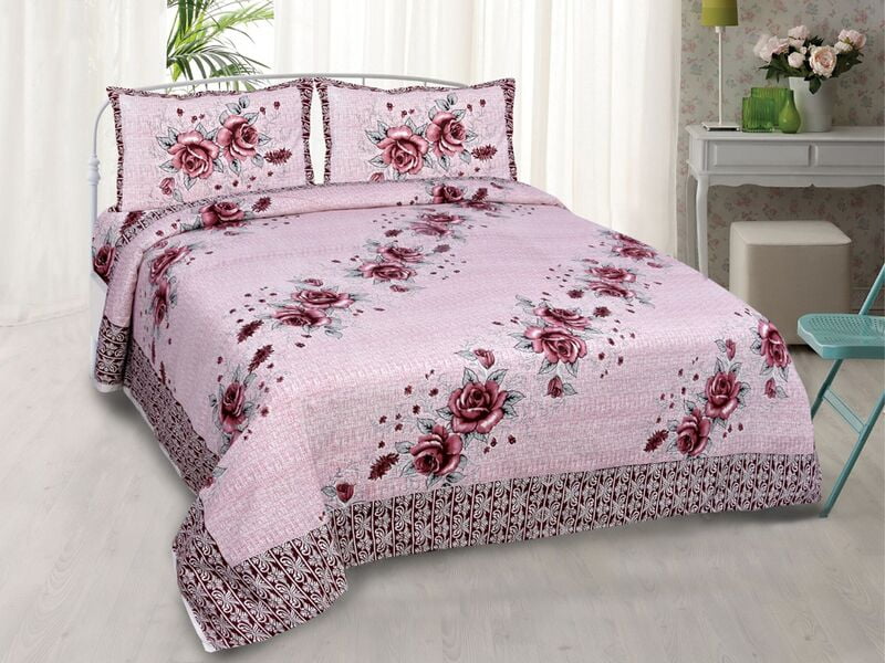 Pink Base Sunflower Printed Border Beautiful Bedsheet with 2 Pillow Cover