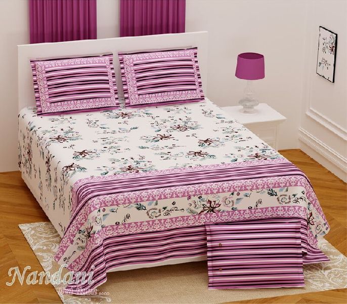 Pink Touch Multi Lining Border Pure Cotton King Size Bedsheet with 2 Stitched Pillow Cover