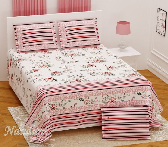 Pink Touch Multi Lining Border Pure Cotton King Size Bedsheet with 2 Stitched Pillow Cover