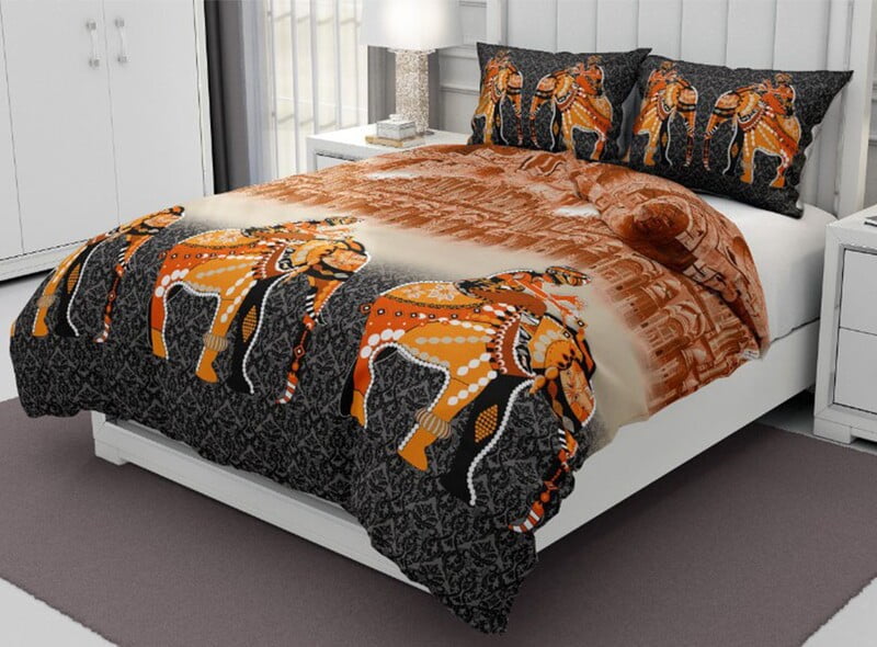 Pure Cotton Black Border Elephant Border King Size Bedsheet with 2 Pillow Cover