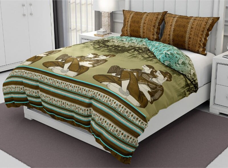 Pure Cotton Green Base Village Pattern King Size Bedsheet with 2 Pillow Cover