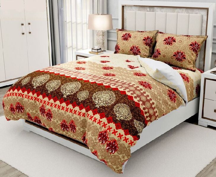 Red Wine Floral Lining Border Twill Cotton King Size Bedsheet With 2 Stitched Pillow Cover