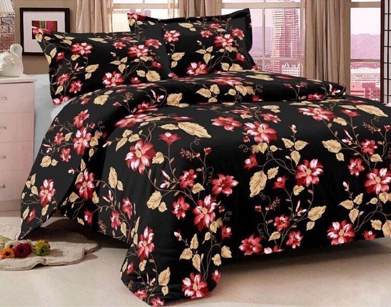 Rose Garden Black Base Multi Floral Pure Cotton King Size Bedsheet with 2 Stitched Pillow Cover