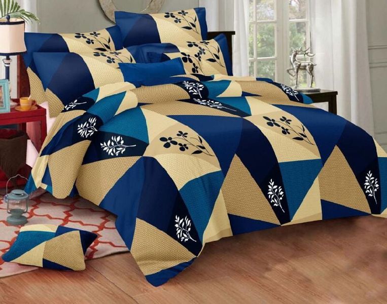 Rose Garden Blue Zigzag Print Pure Cotton King Size Bedsheet with 2 Stitched Pillow Cover