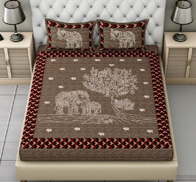 Royal Brown Base Elephant Print Pure Giza Cotton King Size Bedsheet with 2 Stitched Pillow Cover