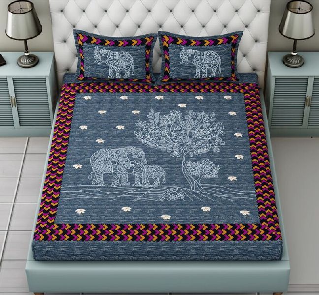 Royal Grey Base Elephant Print Pure Giza Cotton King Size Bedsheet with 2 Stitched Pillow Cover