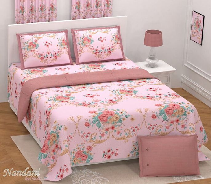 Royal Pink Base Beautiful Floral Print Pure Cotton King Size Bedsheet with 2 Stitched Pillow Cover