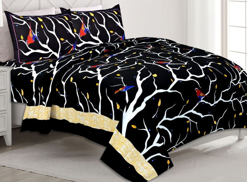 Saffron Black Base Bird Cotton Double Bed Bedsheet with 2 Stitched Pillow Cover
