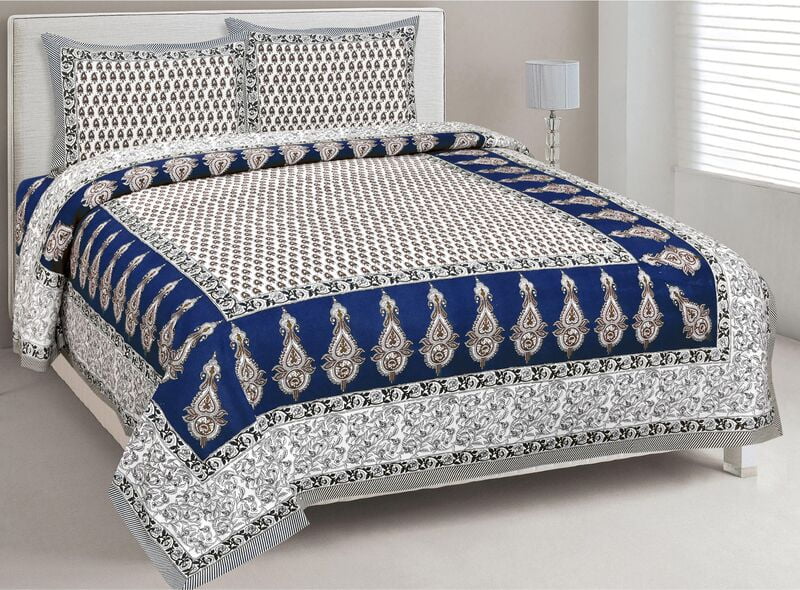 Saffron Blue Border Cotton Double Bed Bedsheet with 2 Stitched Pillow Cover