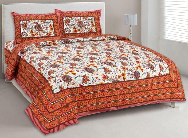 Saffron Brown Border Floral Print Cotton Double Bed Bedsheet with 2 Stitched Pillow Cover