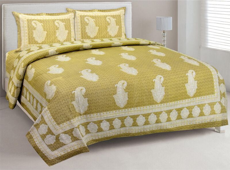 Saffron Gold Base Cotton Double Bed Bedsheet with 2 Stitched Pillow Cover