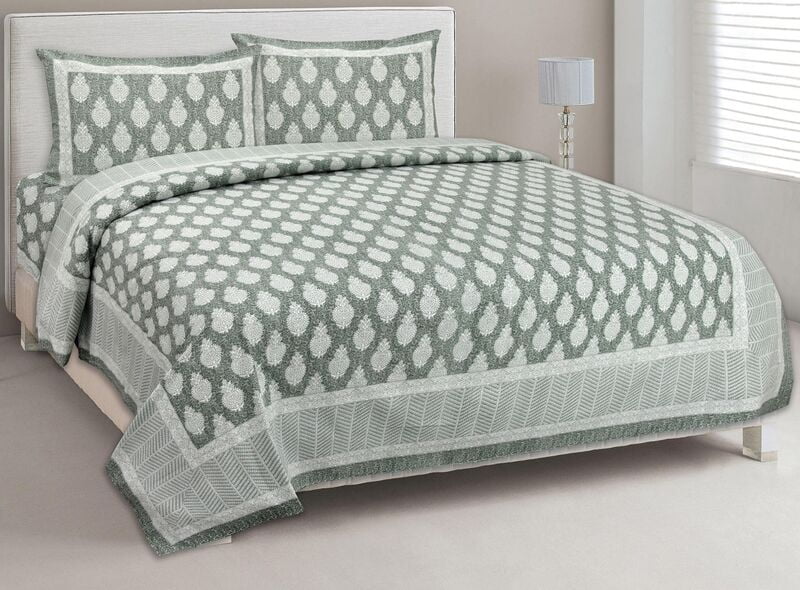 Saffron Light Green Cotton Double Bed Bedsheet with 2 Stitched Pillow Cover