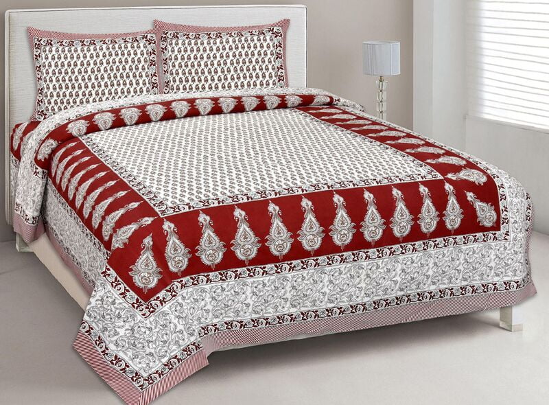 Saffron Maroon Border Cotton Double Bed Bedsheet with 2 Stitched Pillow Cover