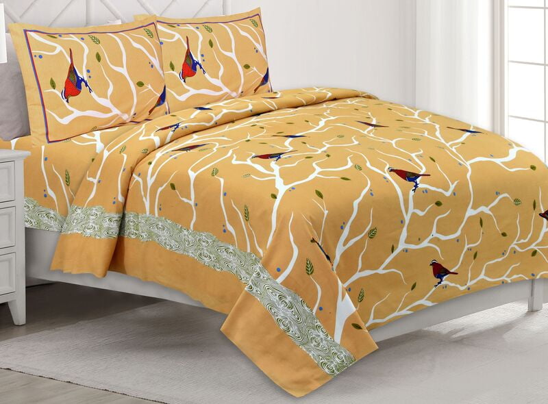 Saffron Orange Bird Cotton Double Bed Bedsheet with 2 Stitched Pillow Cover