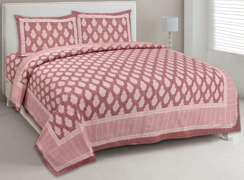 Saffron Pink Color Cotton Double Bed Bedsheet with 2 Stitched Pillow Cover