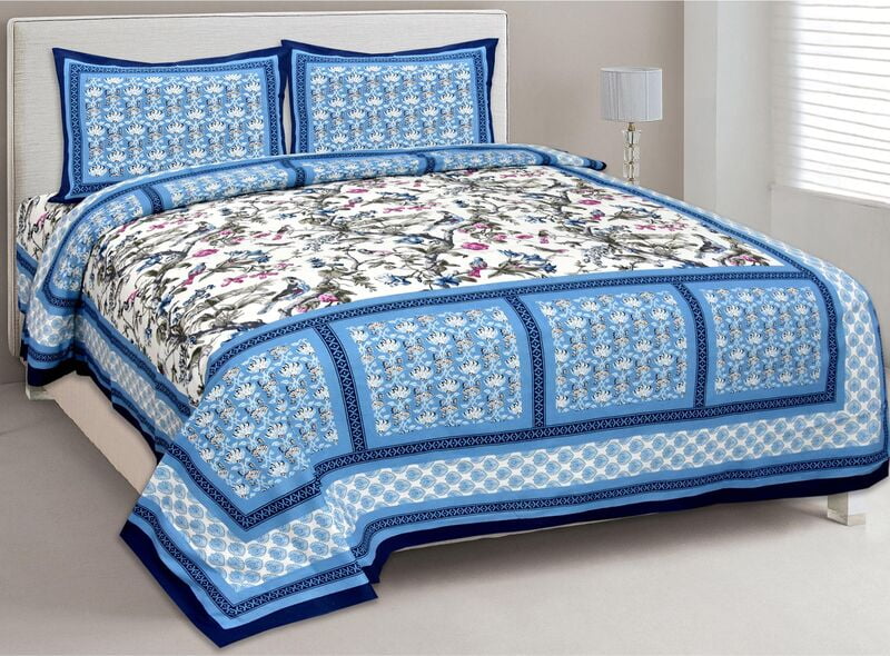 Saffron Sky Border Floral Print Cotton Double Bed Bedsheet with 2 Stitched Pillow Cover