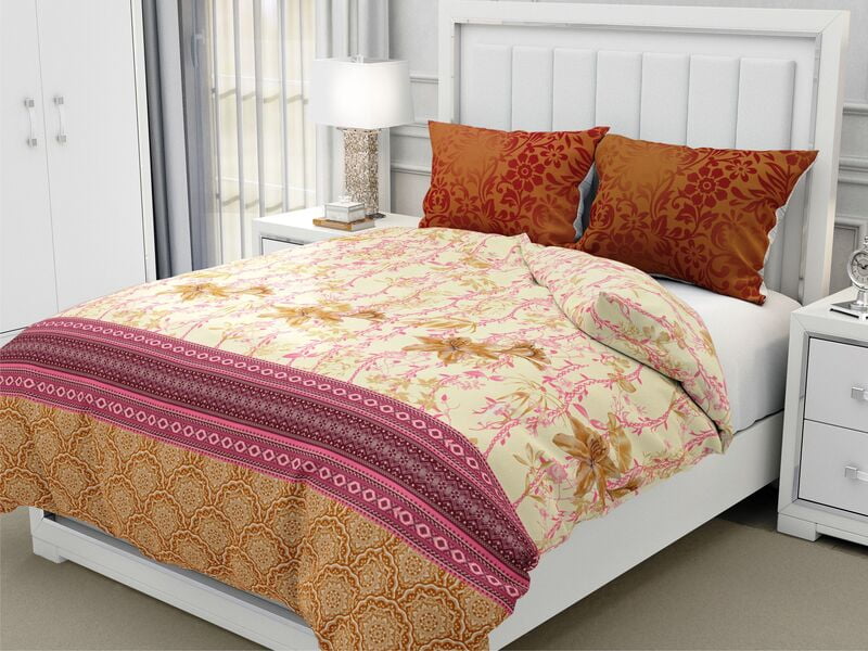 Seven Star Golden Leaf Border Print Cotton King Size Bedsheet with 2 Stitched Pillow Cover