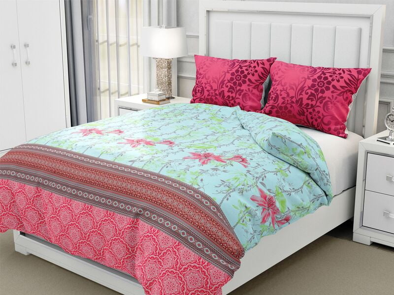 Seven Star Pink Leaf Border Print Cotton King Size Bedsheet with 2 Stitched Pillow Cover