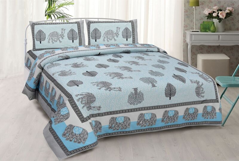 Sky Blue Base Elephant Camel Print Black Lining Border Cotton Double Bedsheet