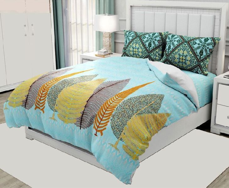 Sky Color Leaf Print Twill Cotton King Size Bedsheet With 2 Stitched Pillow Cover