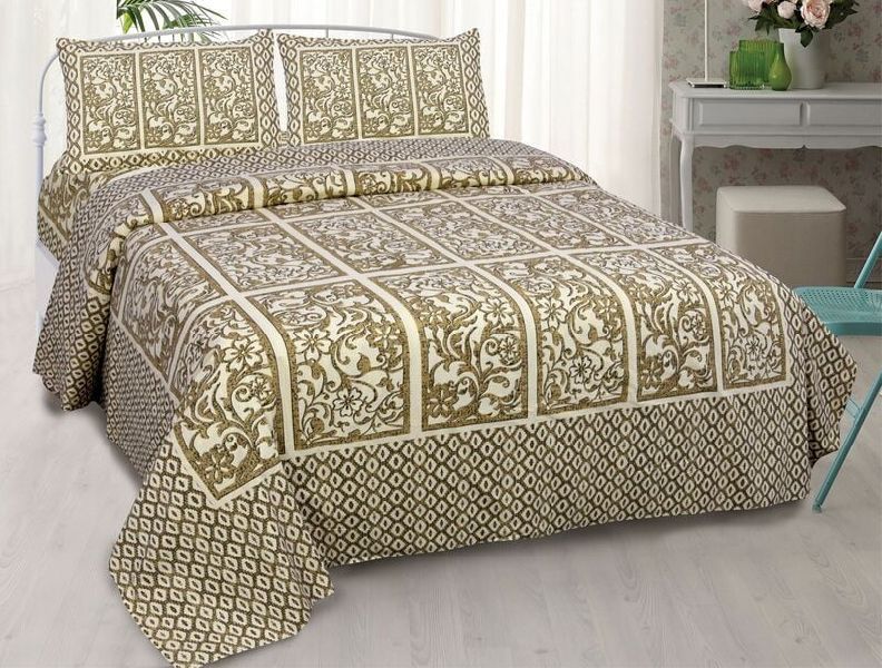 Titanic Brown Leaf Print King Size Bedsheet with 2 Stitched Pillow Cover