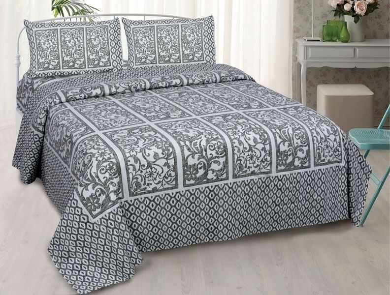 Titanic Grey Leaf Print King Size Bedsheet with 2 Stitched Pillow Cover