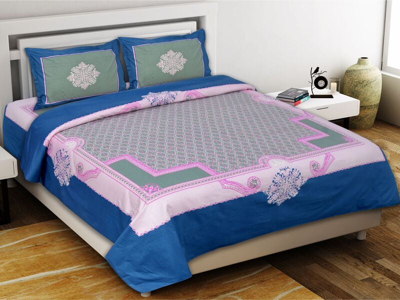 Twill Cotton Blue Border Bedsheet with 2 Stitched Pillow Cover