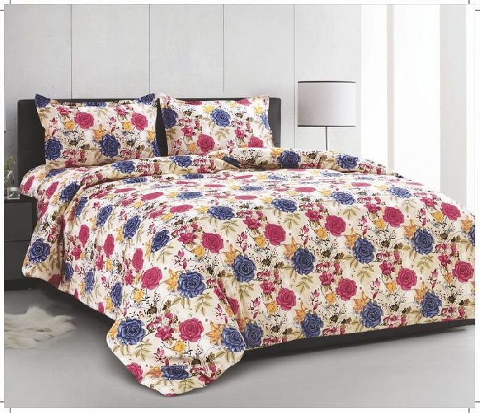 Twill Cotton Blue With Red Printed King Size Bedsheet with 2 Stitched Pillow Cover