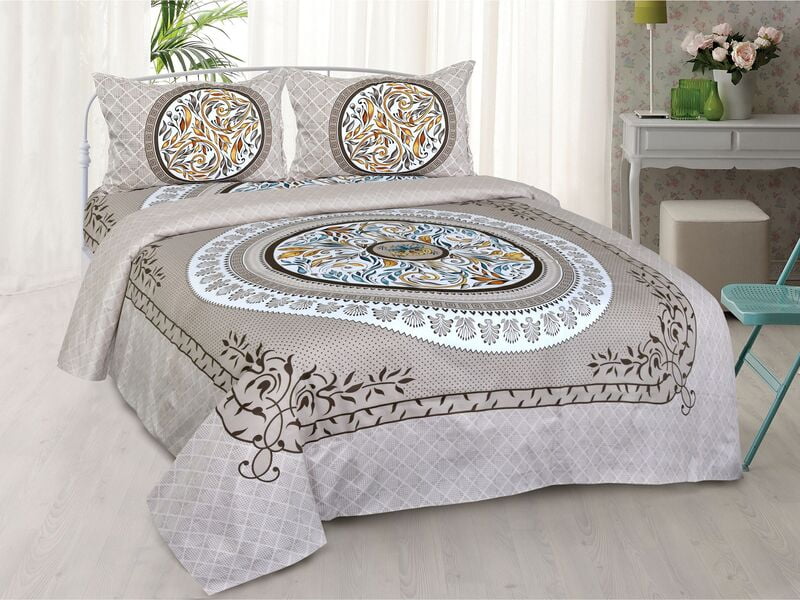 Twill Cotton Brown Base Leaf Print Bedsheet with 2 Stitched Pillow Cover