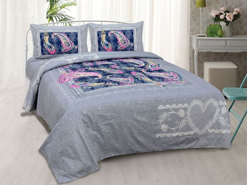 Twill Cotton Grey Base Blue Square Double Bedsheet with 2 Stitched Pillow Cover
