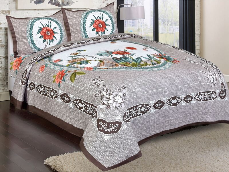 Twill Cotton Grey Base Floral Print Bedsheet with 2 Stitched Pillow Cover