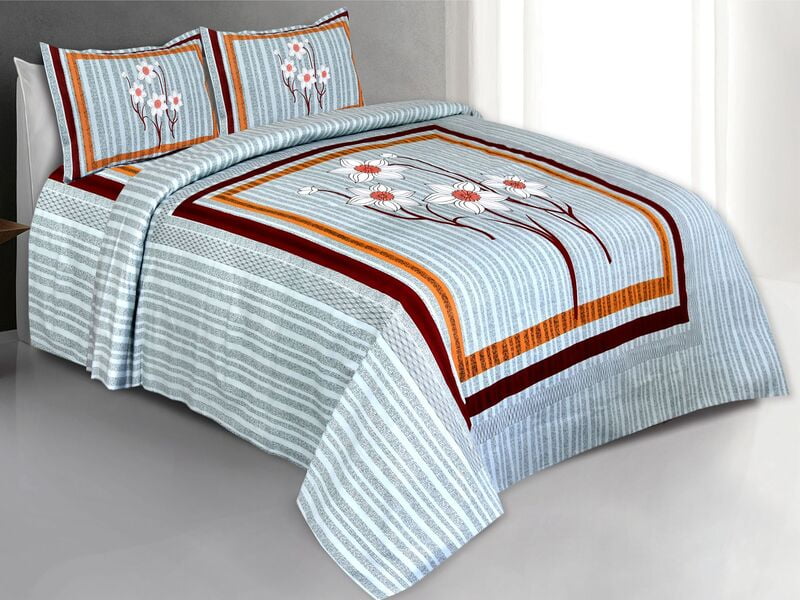 Twill Cotton Grey Base Linking Pattern Bedsheet with 2 Stitched Pillow Cover
