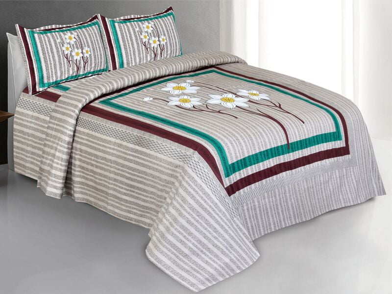 Twill Cotton Grey Base White Flower Print Bedsheet with 2 Stitched Pillow Cover