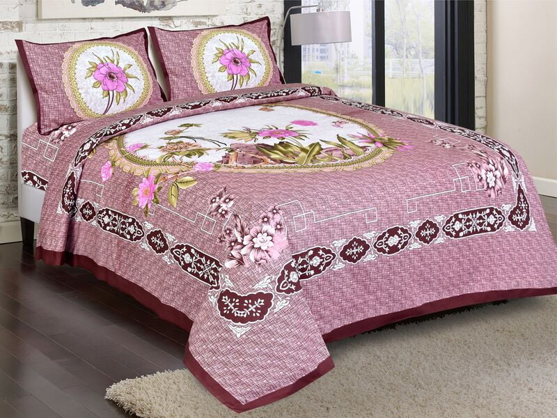 Twill Cotton Pink Base Floral Print Bedsheet with 2 Stitched Pillow Cover
