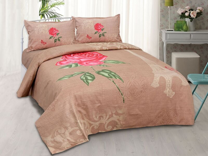 Twill Cotton Pink Base Pink Flower Double Bedsheet with 2 Stitched Pillow Cover