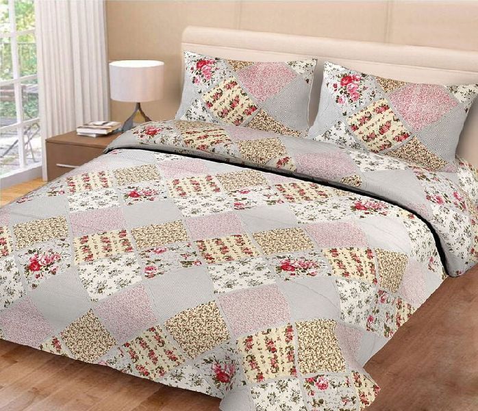 Twill Cotton Pink Color Grey Leaf Printed King Size Bedsheet with 2 Stitched Pillow Cover