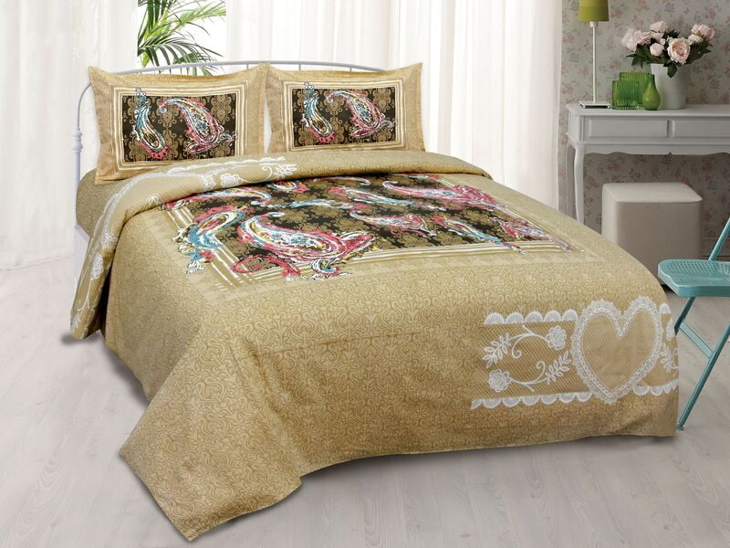 Twill Cotton Royal Brown Base Dark Square Double Bedsheet with 2 Stitched Pillow Cover