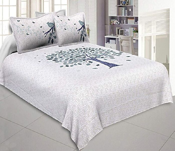Twill Cotton White Base Blue Tree King Size Bedsheet with 2 Stitched Pillow Cover