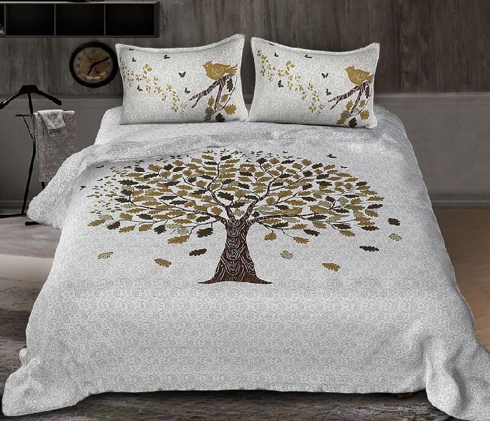 Twill Cotton White Base Color Golden Tree Printed King Size Bedsheet with 2 Stitched Pillow Cover