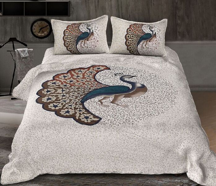 Twill Cotton White Base Dancing Peacock Printed King Size Bedsheet with 2 Stitched Pillow Cover