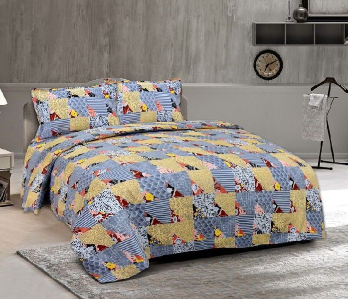 Twill Cotton Yellow With Grey Check Pattern Printed King Size Bedsheet with 2 Stitched Pillow Cover