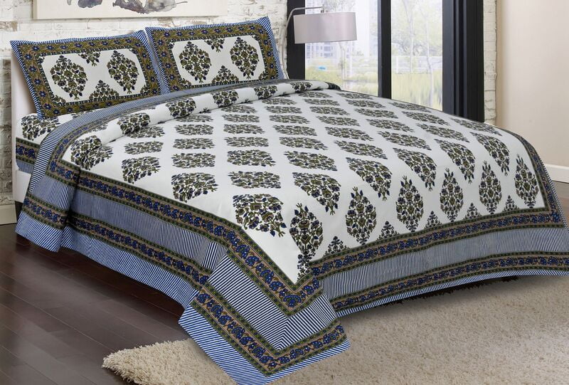 White Base Colourful Floral Print Blue Border Cotton Double Bedsheet
