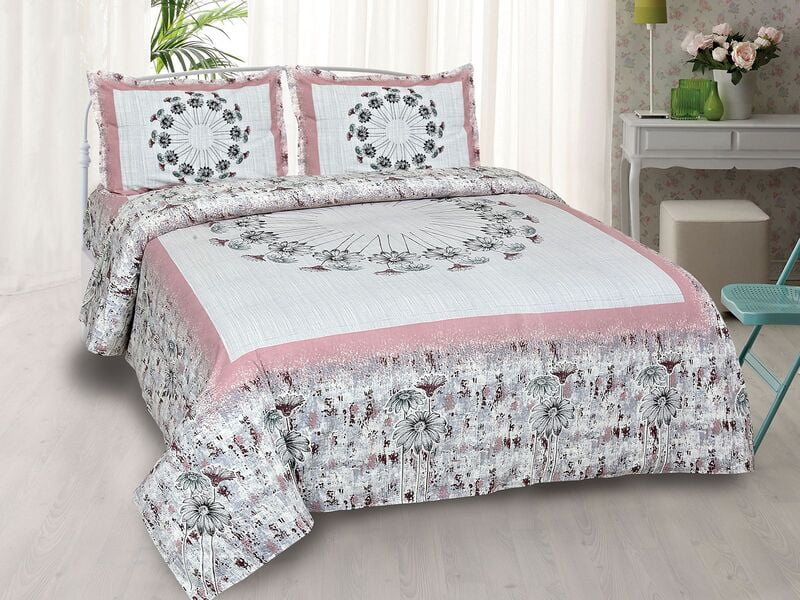White Base Floral Pink Touch Border Satin Cotton King Size Bedsheet with 2 Pillow Cover