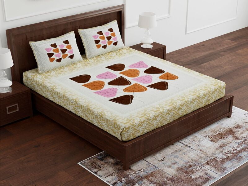 White Base Floral Yellow Touch Border Satin Cotton King Size Bedsheet with 2 Pillow Cover