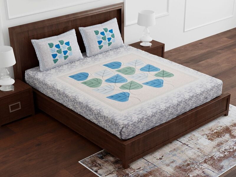 White Base Leaf Style Satin Cotton King Size Bedsheet with 2 Pillow Cover