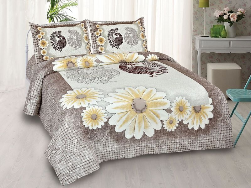 White Base Multi Flower with Brown Border Satin Cotton King Size Bedsheet with 2 Pillow Cover