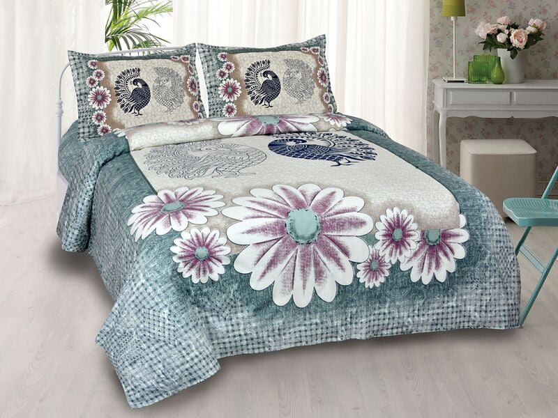 White Base Multi Flower with Green Border Satin Cotton King Size Bedsheet with 2 Pillow Cover