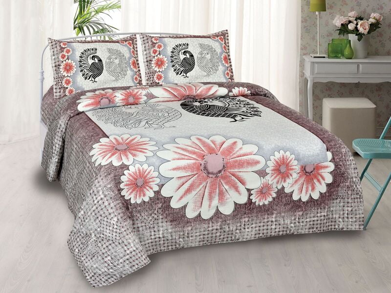 White Base Multi Flower with Maroon Border Satin Cotton King Size Bedsheet with 2 Pillow Cover