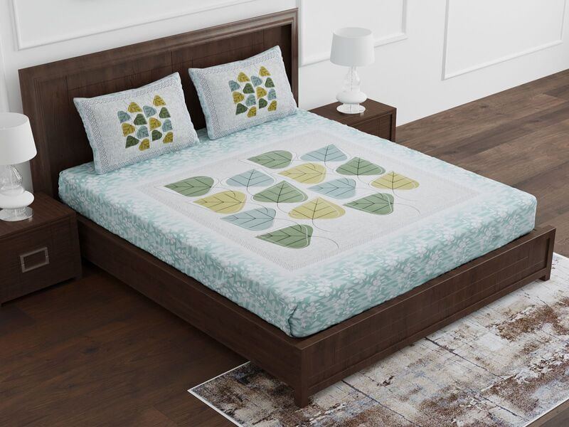 White Base Multi Leaf Style Satin Cotton King Size Bedsheet with 2 Pillow Cover