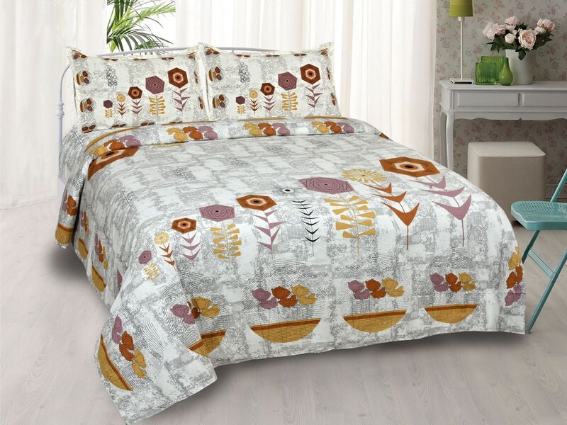 White Touch Multi Flower Leaf Satin Cotton King Size Bedsheet with 2 Pillow Cover